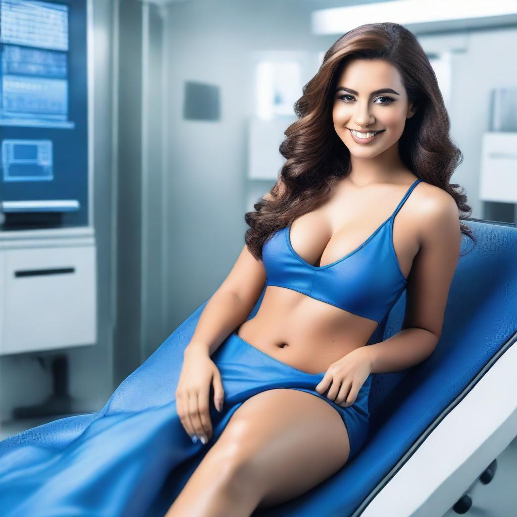 A sexy Latina woman with curves, long brown hair, wearing a blue mini dress, with a beautiful smile and a deep neckline, lying on a stretcher in a futuristic laboratory