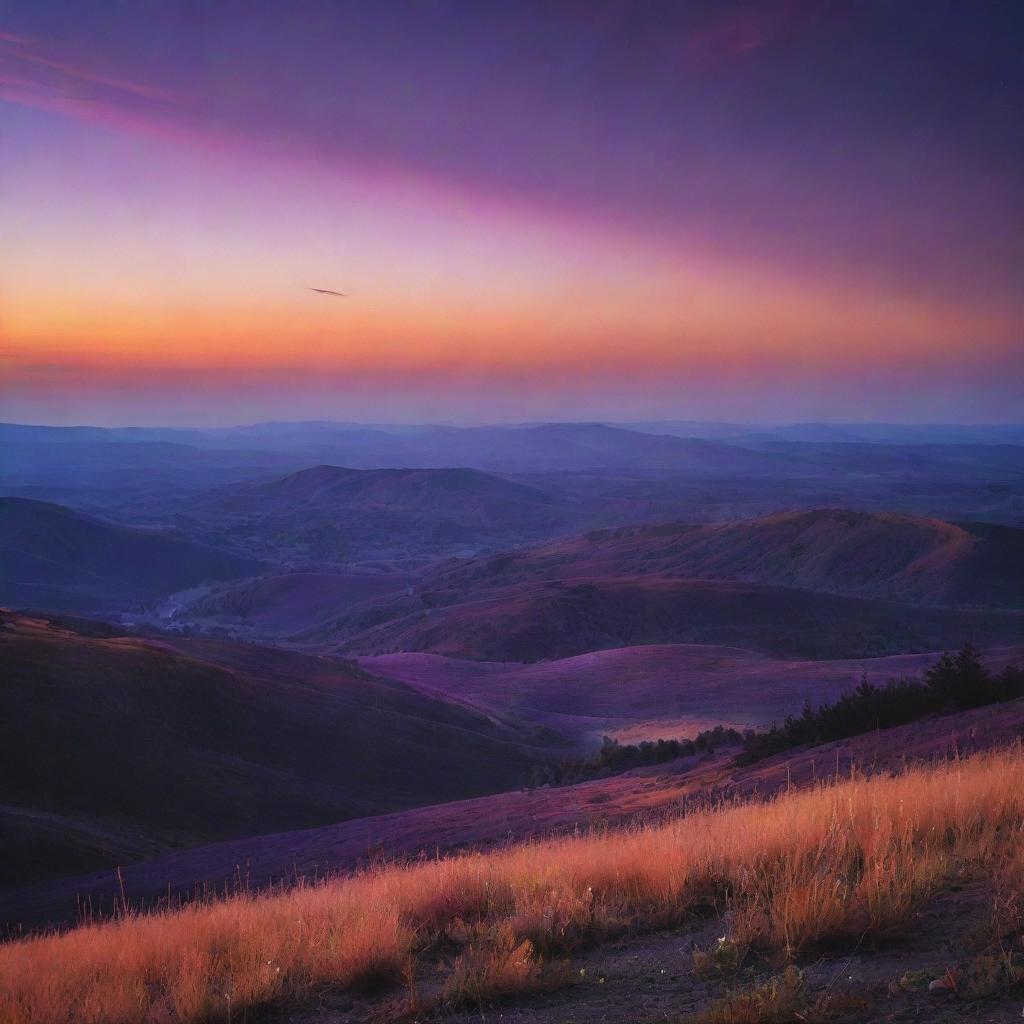 A beautiful image of twilight with the sky transitioning from bright orange to deep, royal purple, casting a serene and tranquil atmosphere over the landscape below.