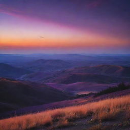 A beautiful image of twilight with the sky transitioning from bright orange to deep, royal purple, casting a serene and tranquil atmosphere over the landscape below.