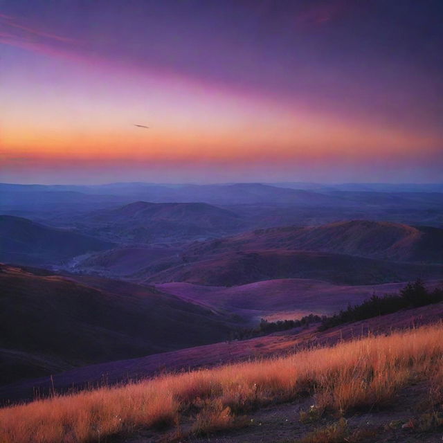 A beautiful image of twilight with the sky transitioning from bright orange to deep, royal purple, casting a serene and tranquil atmosphere over the landscape below.