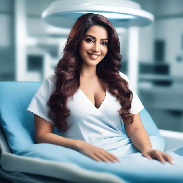 A sexy Latina woman with curves, long brown hair, wearing a hospital gown, with a beautiful smile and a deep neckline, lying on a stretcher in a futuristic laboratory