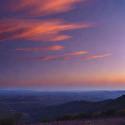 A beautiful image of twilight with the sky transitioning from bright orange to deep, royal purple, casting a serene and tranquil atmosphere over the landscape below.