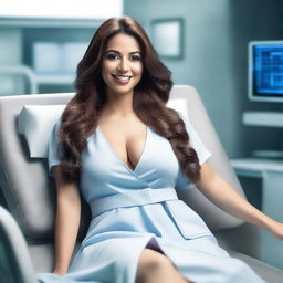 A sexy Latina woman with curves, long brown hair, wearing a hospital gown, with a beautiful smile and a deep neckline, lying on a stretcher in a futuristic laboratory