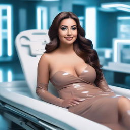 A sexy Latina woman with curves, long brown hair, wearing a hospital gown, with a beautiful smile and a deep neckline, lying on a stretcher in a futuristic laboratory