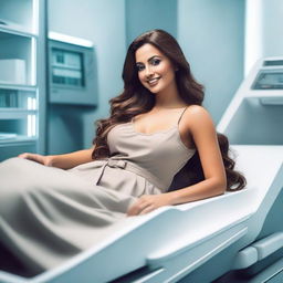 A sexy Latina woman with curves, long brown hair, wearing a hospital gown, with a beautiful smile and a deep neckline, lying on a stretcher in a futuristic laboratory