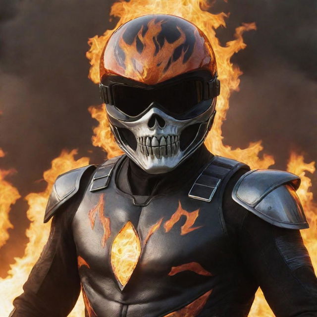 Ghost Rider character wearing a Power Ranger helmet with an orange visor, surrounded by ghostly flames.