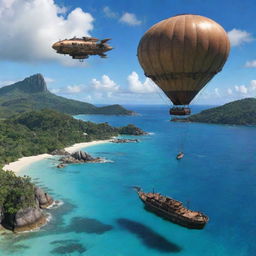 A reimagination of Seychelles as a steampunk paradise, encompassing idyllic islands against a backdrop of bronze infrastructures, retro-modern devices, and airships gracefully floating above the cerulean Indian Ocean.