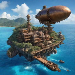 A reimagination of Seychelles as a steampunk paradise, encompassing idyllic islands against a backdrop of bronze infrastructures, retro-modern devices, and airships gracefully floating above the cerulean Indian Ocean.