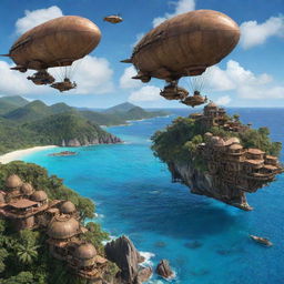 A reimagination of Seychelles as a steampunk paradise, encompassing idyllic islands against a backdrop of bronze infrastructures, retro-modern devices, and airships gracefully floating above the cerulean Indian Ocean.