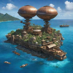 A reimagination of Seychelles as a steampunk paradise, encompassing idyllic islands against a backdrop of bronze infrastructures, retro-modern devices, and airships gracefully floating above the cerulean Indian Ocean.