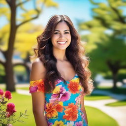 A beautiful Latina girl with long, wavy hair and a bright smile