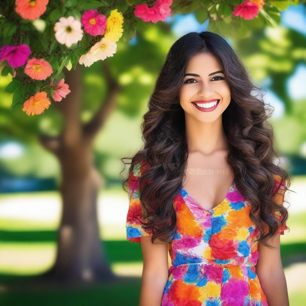 A beautiful Latina girl with long, wavy hair and a bright smile