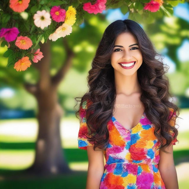 A beautiful Latina girl with long, wavy hair and a bright smile