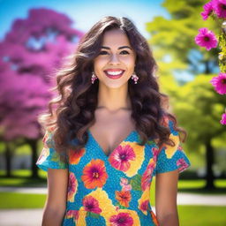 A beautiful Latina girl with long, wavy hair and a bright smile