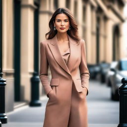 A beautiful woman in a stylish and elegant outfit, posing confidently