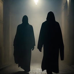 A dark apparition of two men, both masked, emerging from the shadows