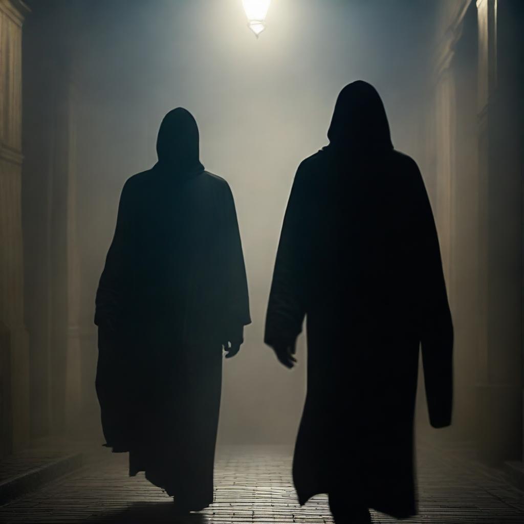 A dark apparition of two men, both masked, emerging from the shadows