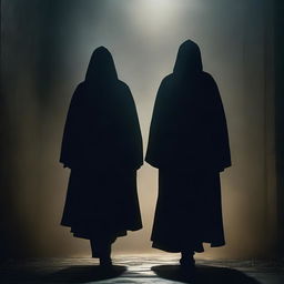 A dark apparition of two men, both masked, emerging from the shadows