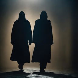 A dark apparition of two men, both masked, emerging from the shadows