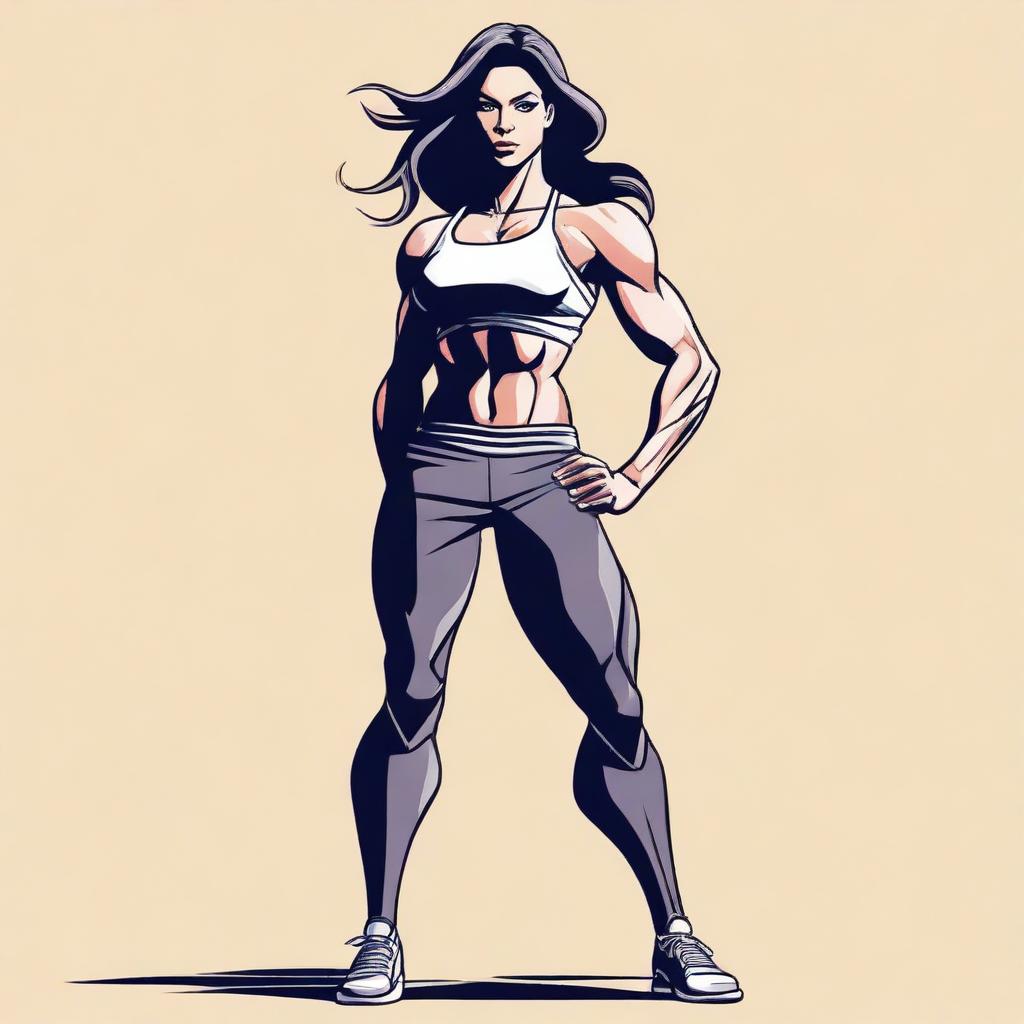 A detailed illustration of a confident, strong, and powerful woman with an athletic build, standing in a dynamic pose