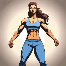 A detailed illustration of a confident, strong, and powerful woman with an athletic build, standing in a dynamic pose