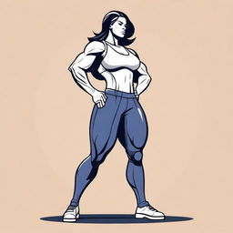 A detailed illustration of a confident, strong, and powerful woman with an athletic build, standing in a dynamic pose