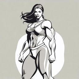 A detailed illustration of a confident, strong, and powerful woman with an athletic build, standing in a dynamic pose