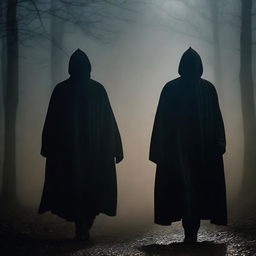 A dark apparition of two men, both masked, emerging from the shadows without wearing cloaks