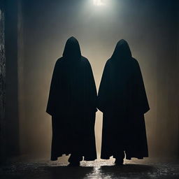 A dark apparition of two men, both masked, emerging from the shadows without wearing cloaks