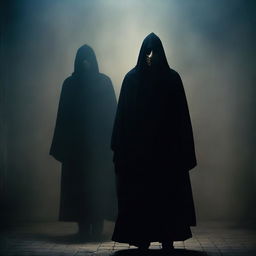 A dark apparition of two men, both masked, emerging from the shadows without wearing cloaks