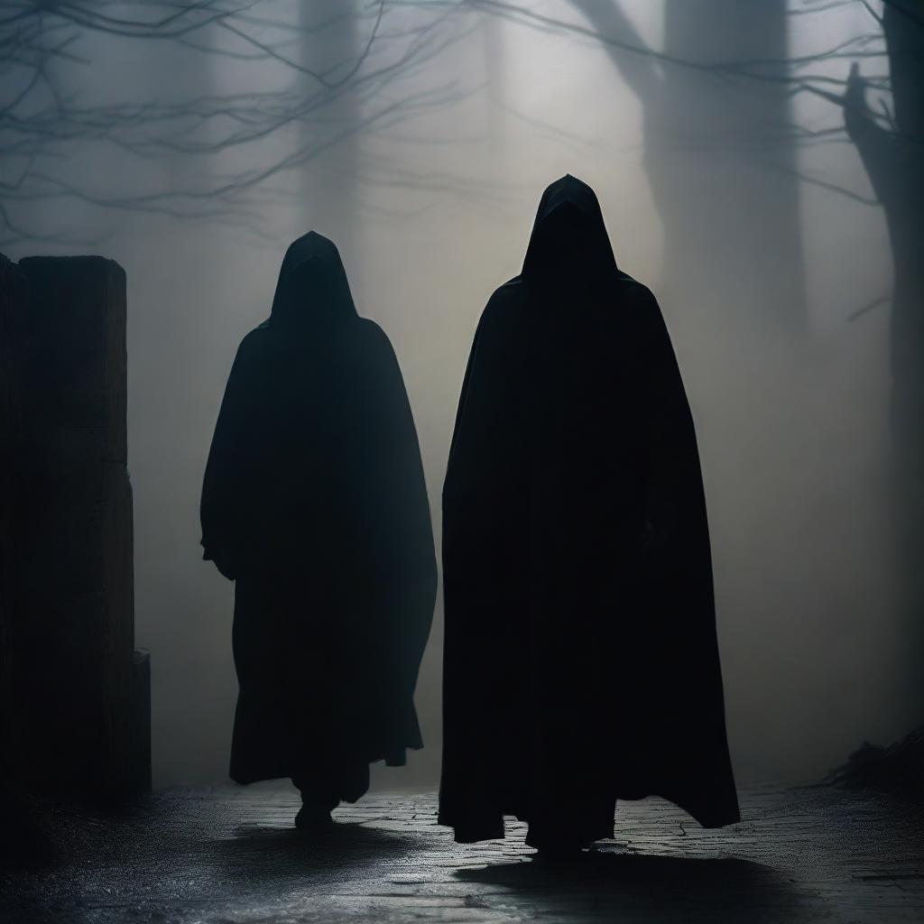 A dark apparition of two men, both masked, emerging from the shadows without wearing cloaks