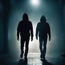 A dark apparition of two men, both masked, emerging from the shadows