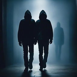 A dark apparition of two men, both masked, emerging from the shadows