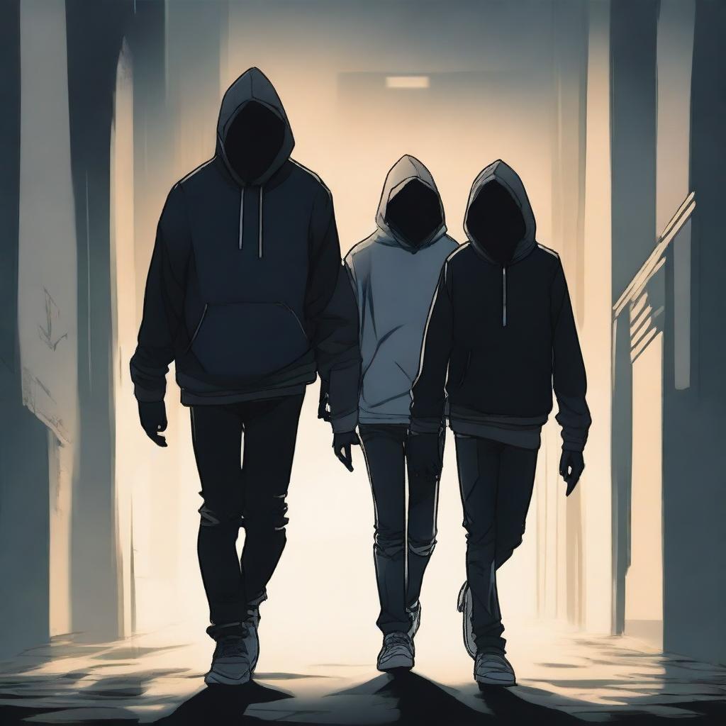 A dark and eerie scene featuring two men wearing jeans and hoodies, their faces obscured by masks, as they kidnap a girl