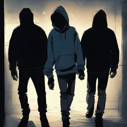 A dark and eerie scene featuring two men wearing jeans and hoodies, their faces obscured by masks, as they kidnap a girl