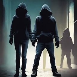 A dark and eerie scene featuring two men wearing jeans and hoodies, their faces obscured by masks, as they kidnap a girl