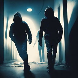 A dark and eerie scene featuring two men wearing jeans and hoodies, their faces obscured by masks, as they kidnap a girl