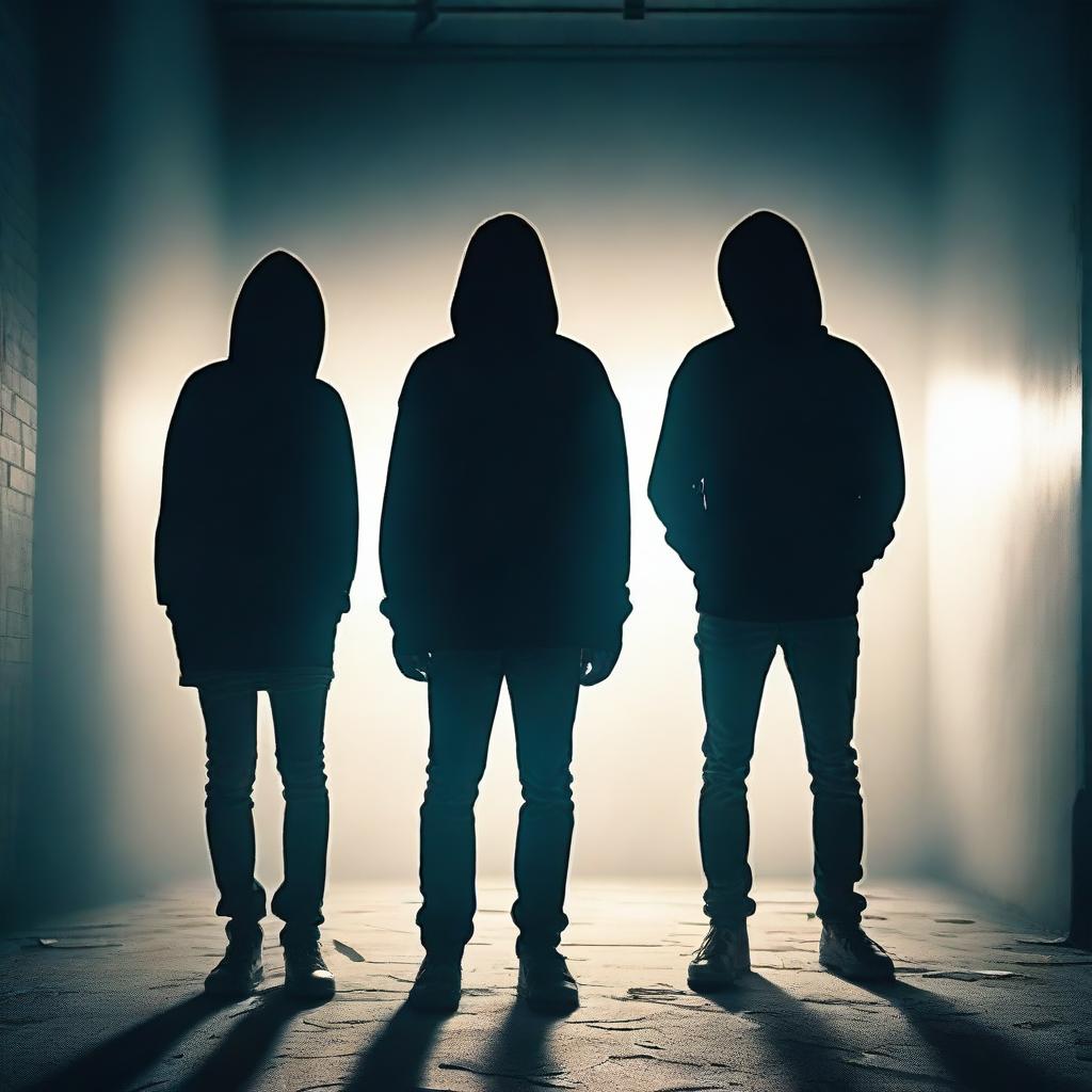 A dark and eerie scene featuring two men wearing jeans and hoodies, their faces obscured by masks, standing with a girl