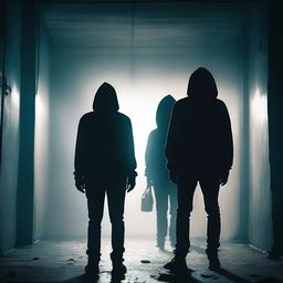 A dark and eerie scene featuring two men wearing jeans and hoodies, their faces obscured by masks, standing with a girl