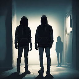 A dark and eerie scene featuring two men wearing jeans and hoodies, their faces obscured by masks, standing with a girl