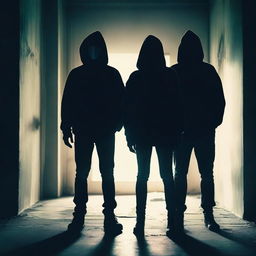 A dark and eerie scene featuring two men wearing jeans and hoodies, their faces obscured by masks, standing with a girl