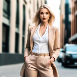 A stylish and confident blonde woman with a fashionable outfit, striking a pose in a modern setting