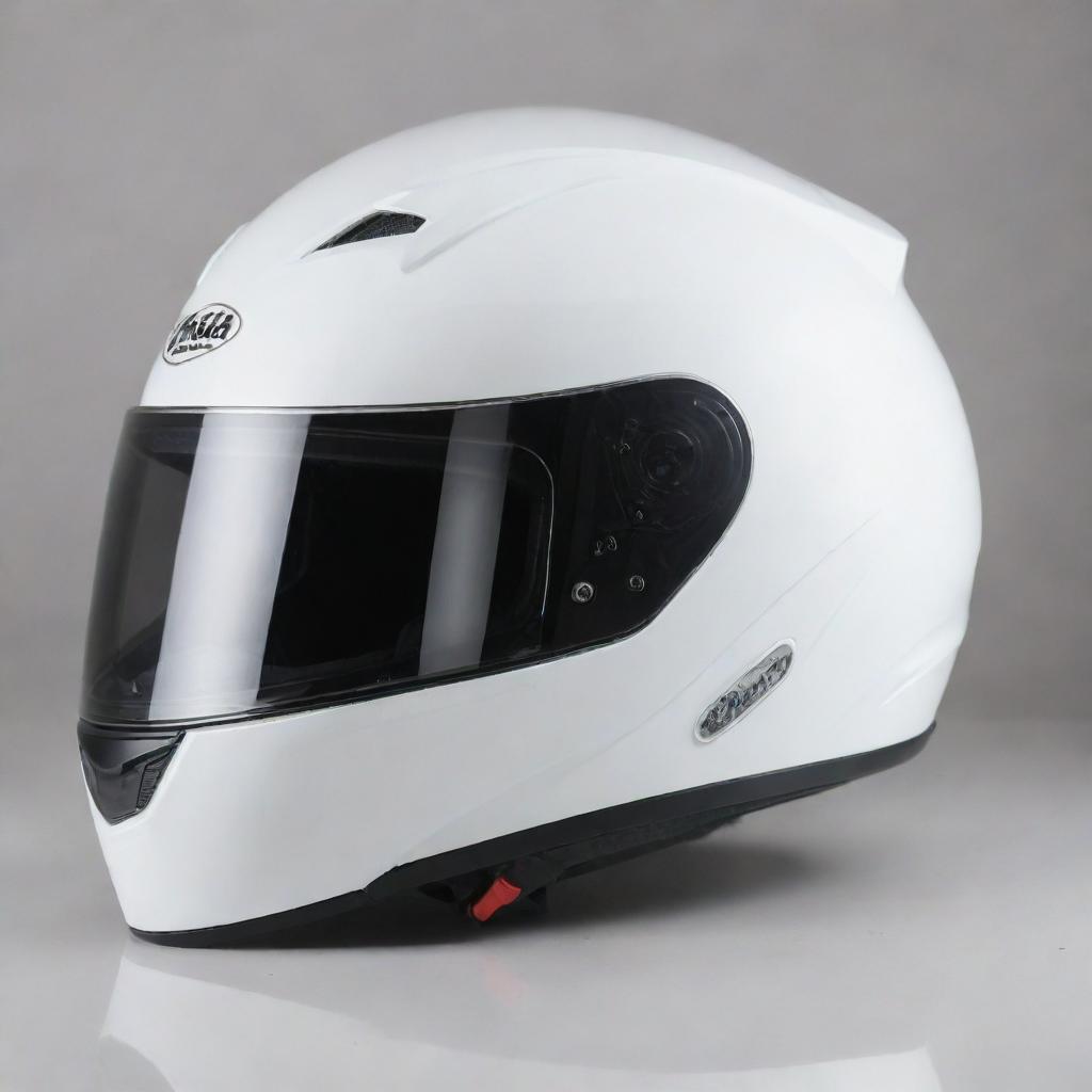 A glossy, pristine white motorbike helmet, with details reflecting off the surface.