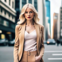 A stylish and confident blonde woman with a fashionable outfit, striking a pose in a modern setting