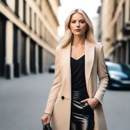 A stylish and confident blonde woman with a fashionable outfit, striking a pose in a modern setting