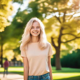 A cheerful blonde teen with a bright smile, wearing casual clothes, standing in a sunny park with trees in the background