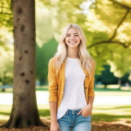 A cheerful blonde teen with a bright smile, wearing casual clothes, standing in a sunny park with trees in the background