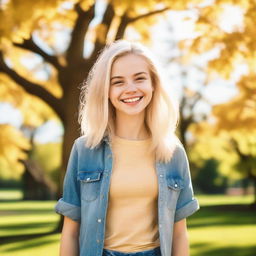 A cheerful blonde teen with a bright smile, wearing casual clothes, standing in a sunny park with trees in the background