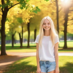 A cheerful blonde teen with a bright smile, wearing casual clothes, standing in a sunny park with trees in the background