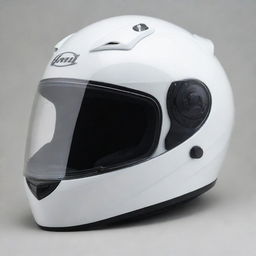 A glossy, pristine white motorbike helmet, with details reflecting off the surface.